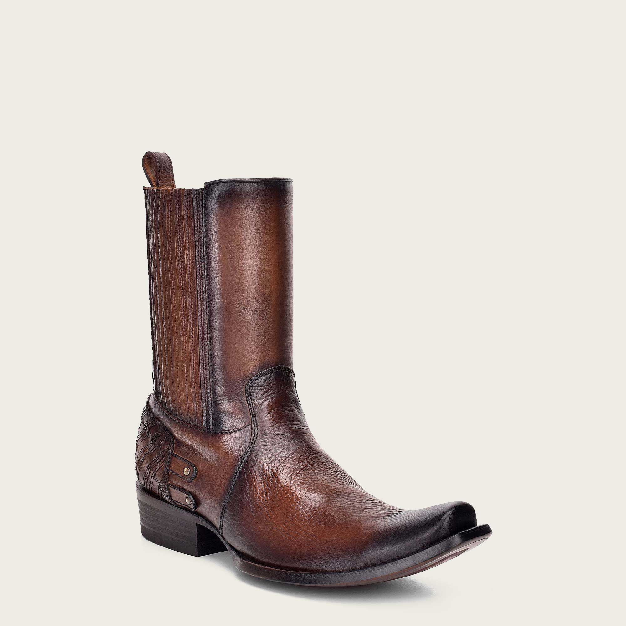 Brown leather mens boots, hand-painted with laser cut detail