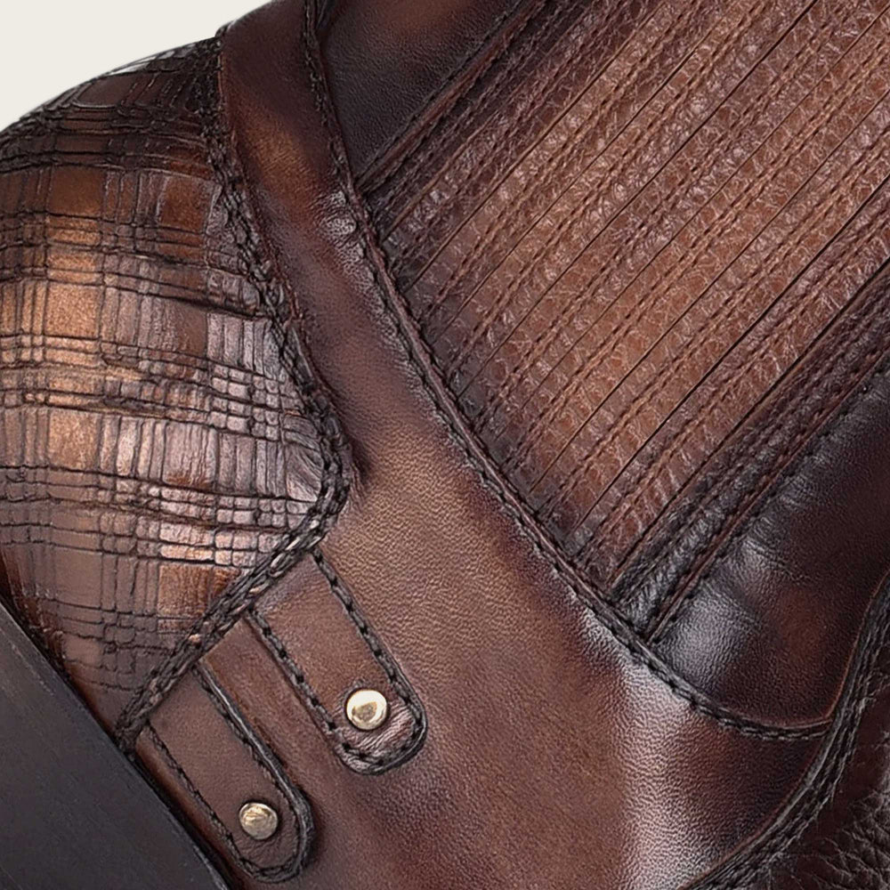 Brown leather mens boots, hand-painted with laser cut detail