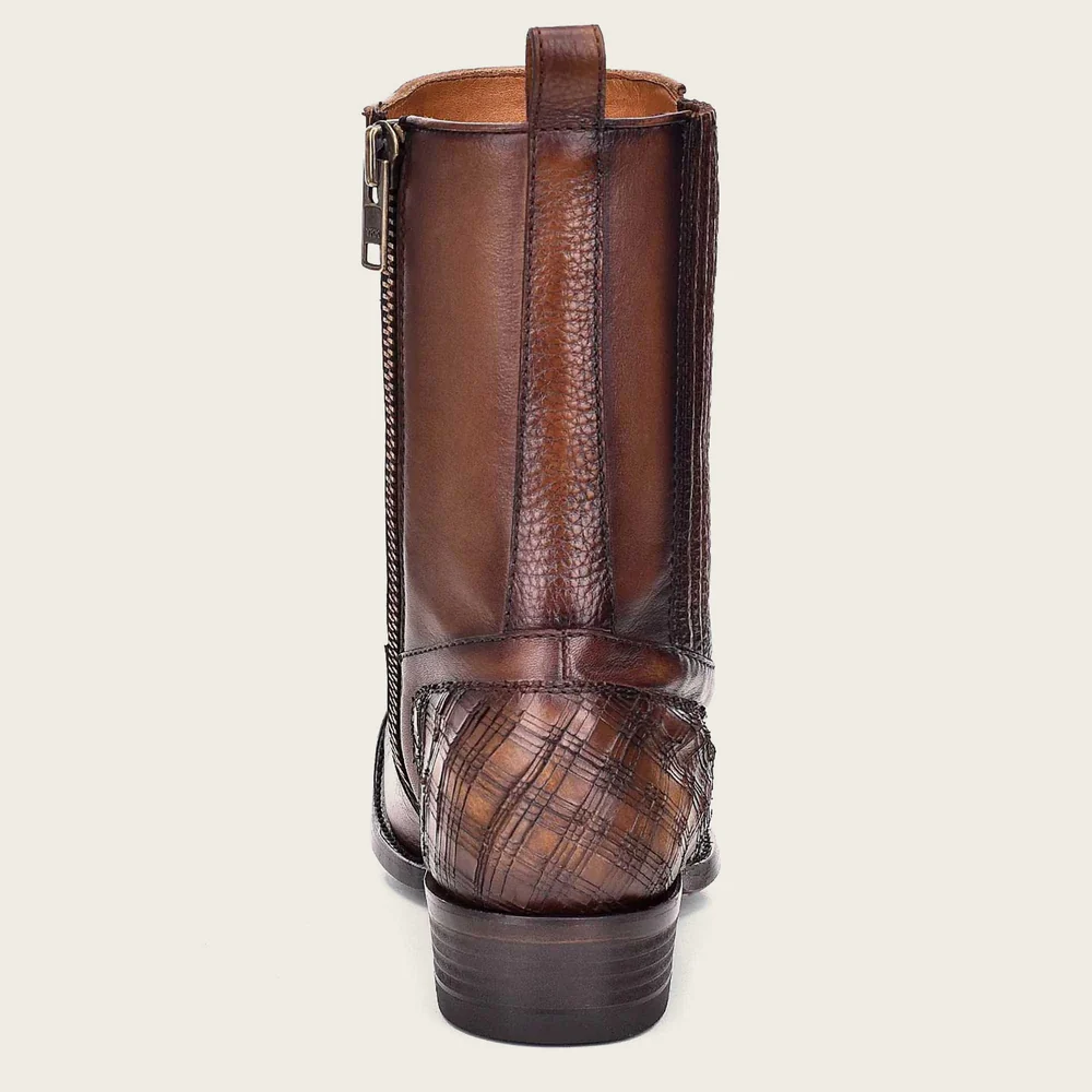 Brown leather mens boots, hand-painted with laser cut detail