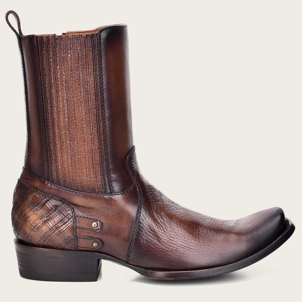 Brown leather mens boots, hand-painted with laser cut detail