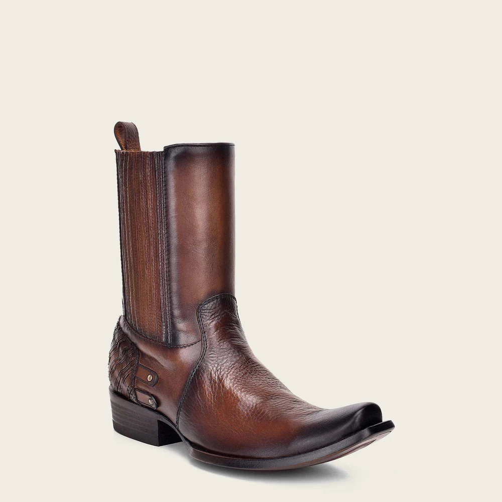 Brown leather mens boots, hand-painted with laser cut detail