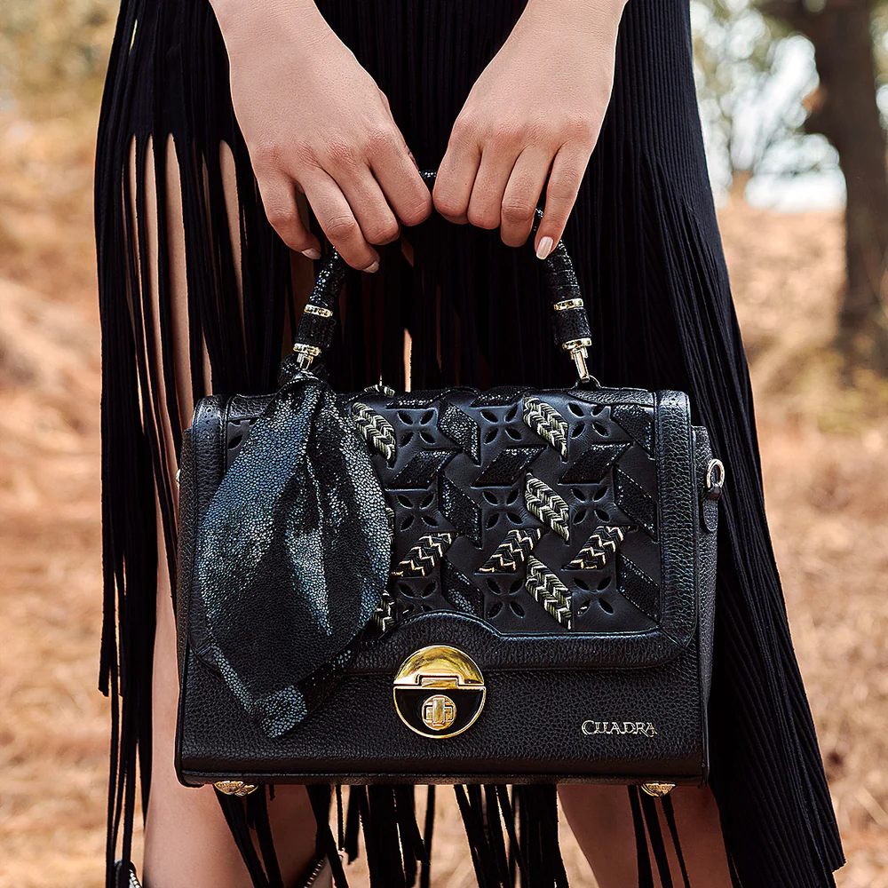 Black printed top handle handbag