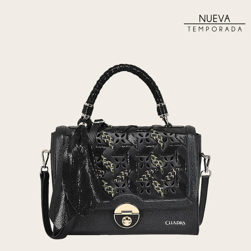 Black printed top handle handbag