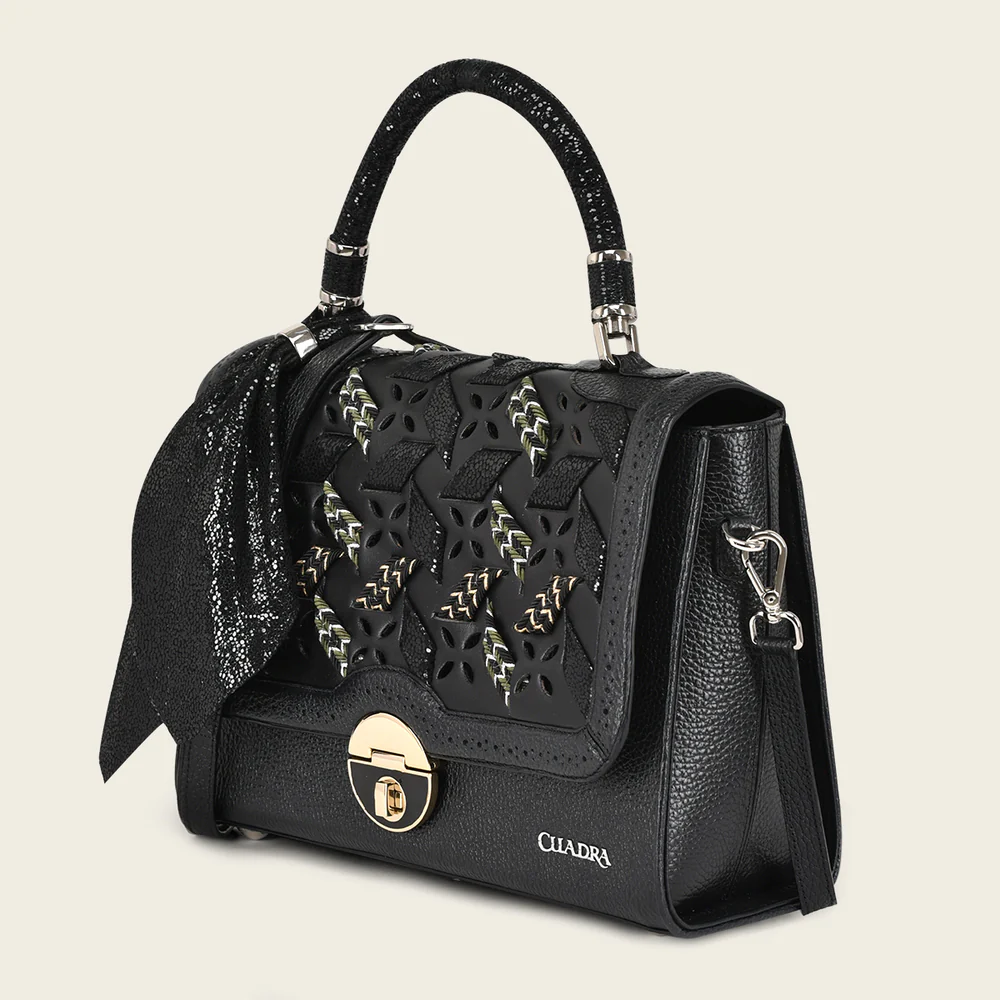 Black printed top handle handbag