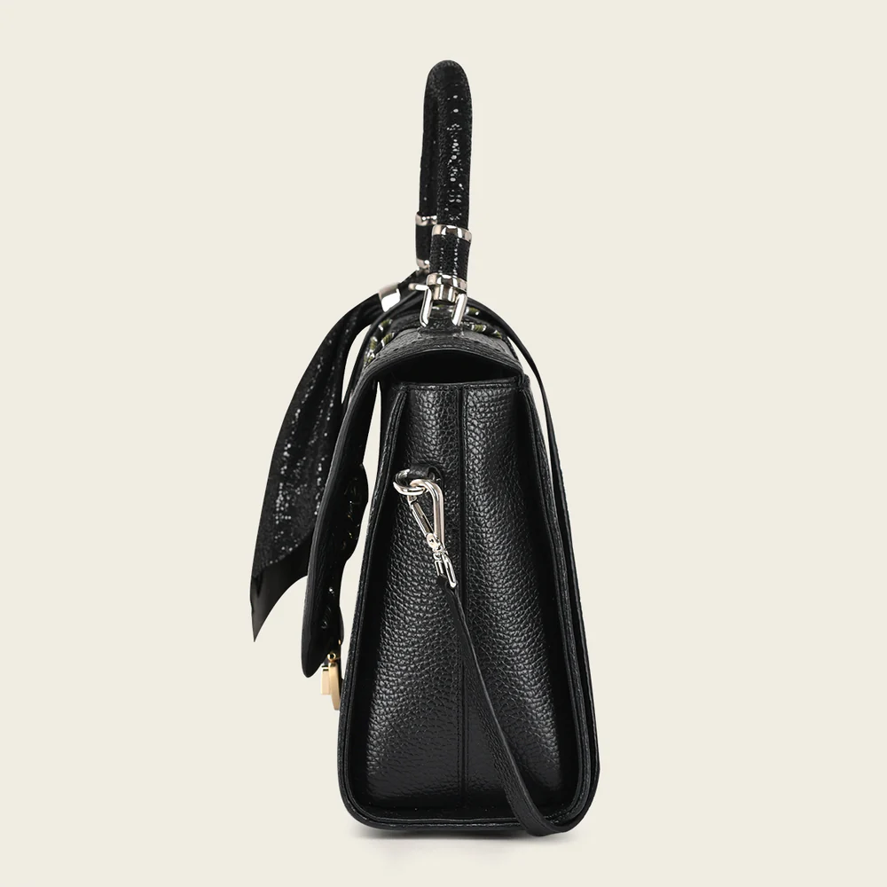 Black printed top handle handbag