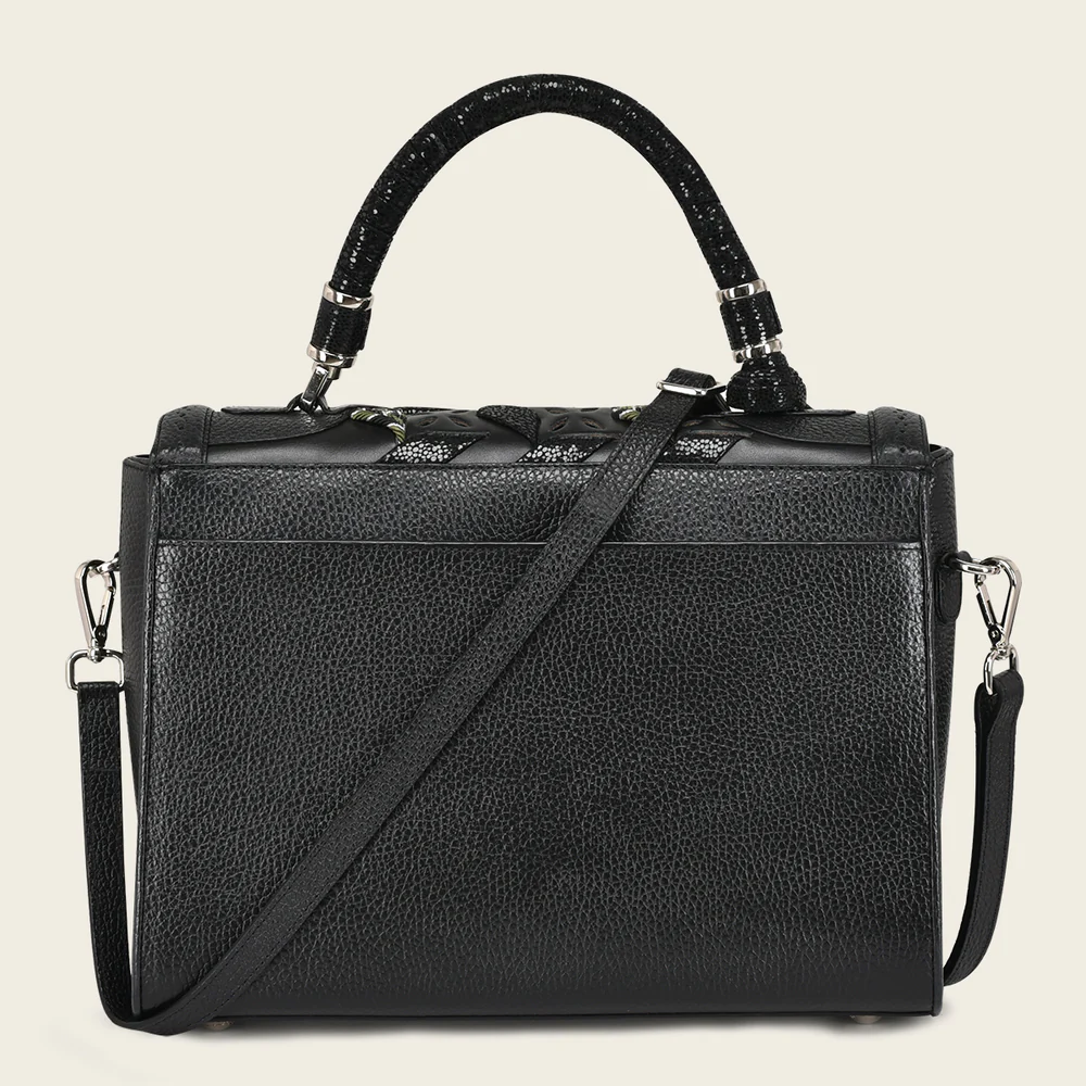 Black printed top handle handbag