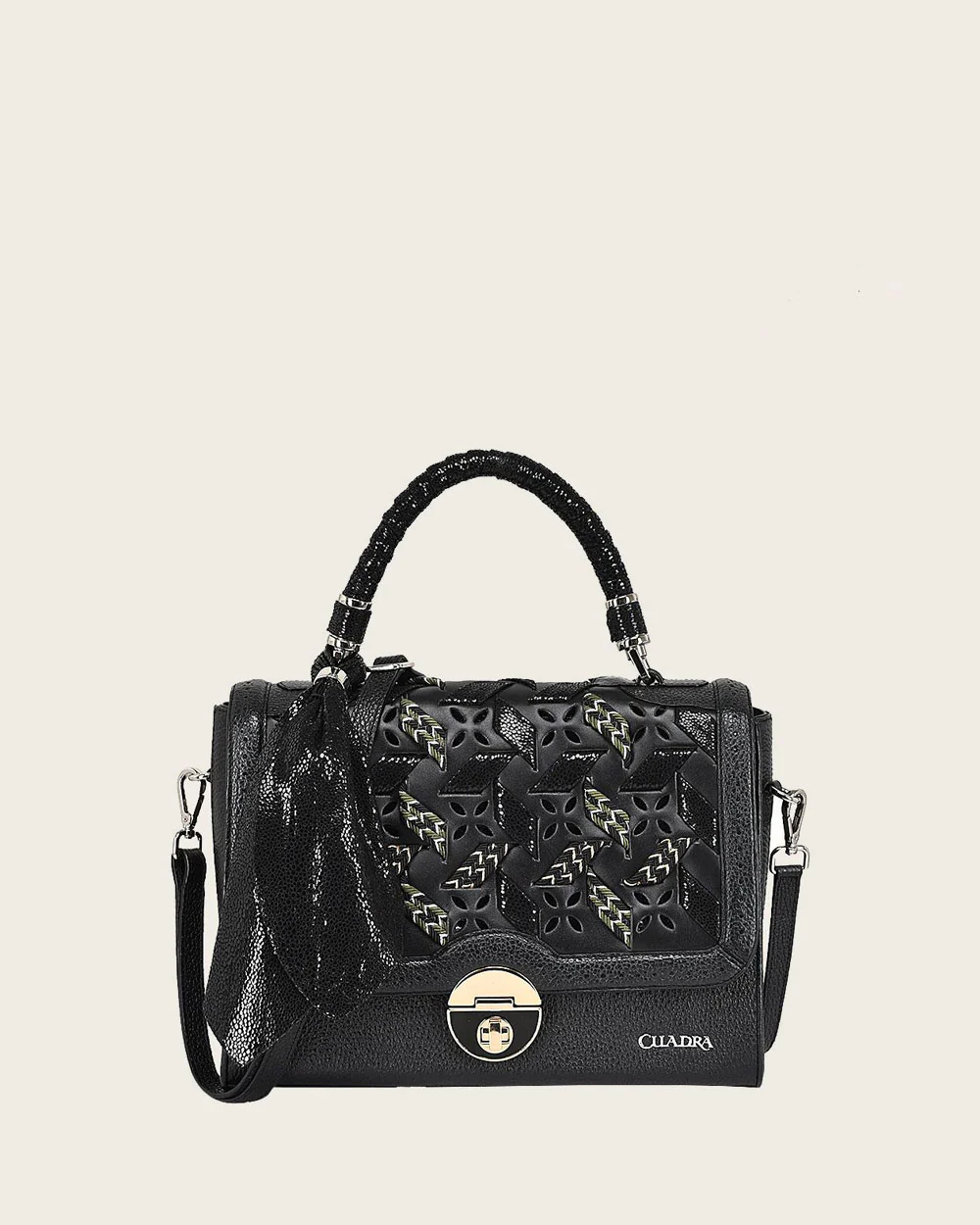 Black printed top handle handbag