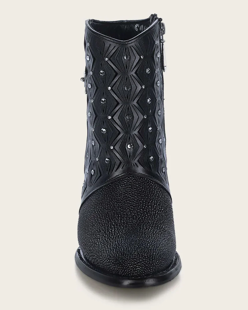Ankle perforated black exotic bootie