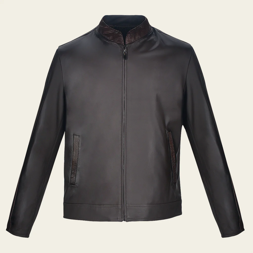 Brown Python and Bovine Contrast Leather Jacket