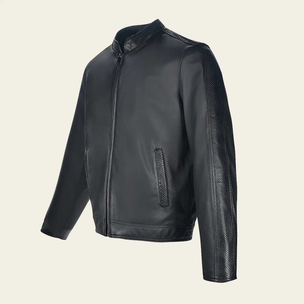 Men’s Black Ovine Leather Jacket with Python Details