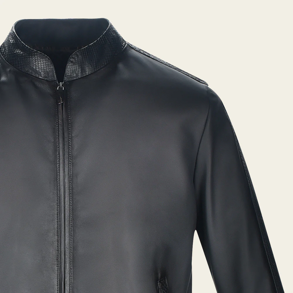 Men’s Black Ovine Leather Jacket with Python Details