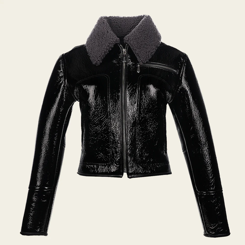 Black Patent leather and fur collar jacket 12 Black Patent leather and fur collar jacket