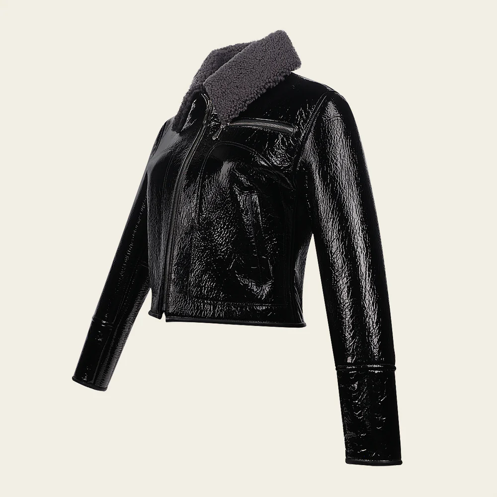 Black Patent leather and fur collar jacket 4 Black Patent leather and fur collar jacket