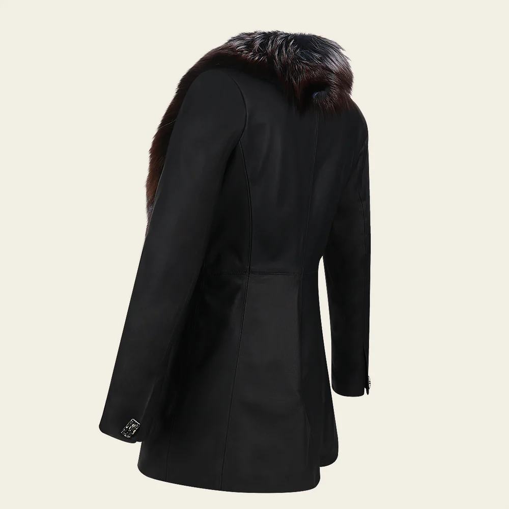Black fox fur neck long jacket