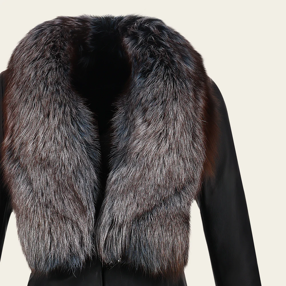 Black fox fur neck long jacket