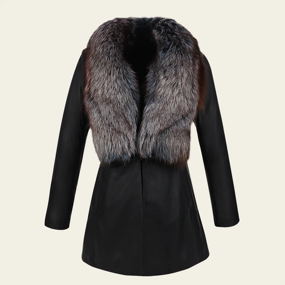 Black fox fur neck long jacket