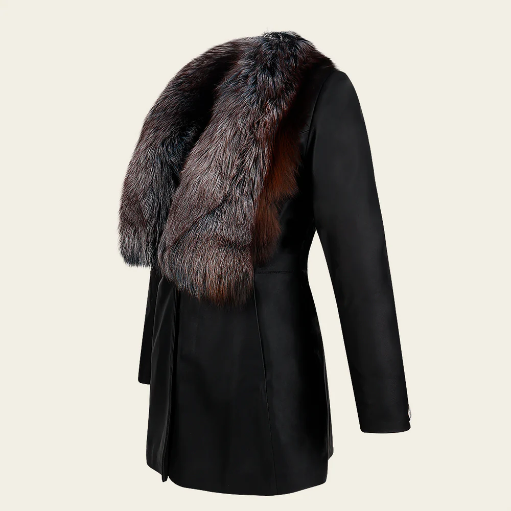 Black fox fur neck long jacket