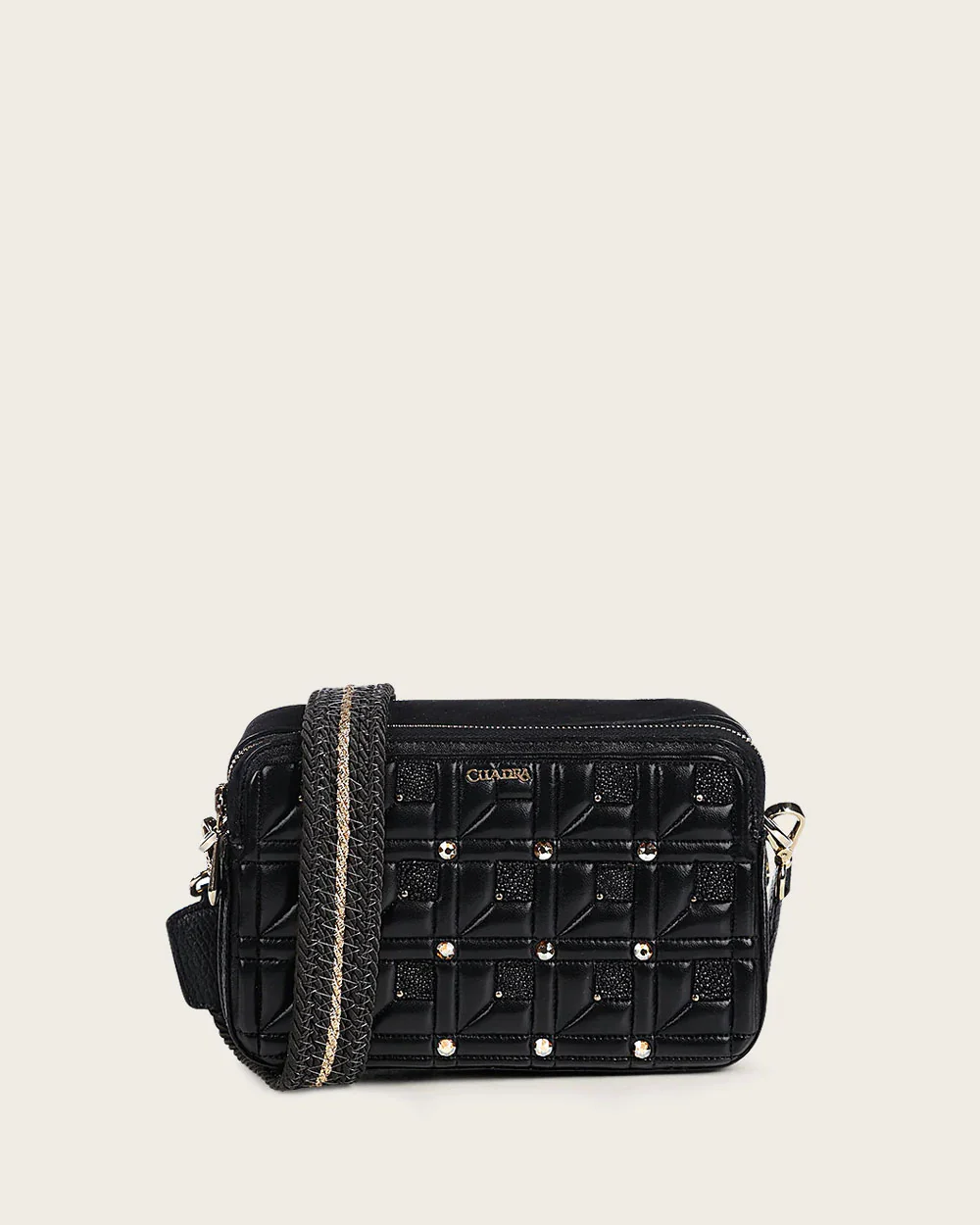 Women’s Black Crossbody Bag in Genuine Stingray Leather with Crystals
