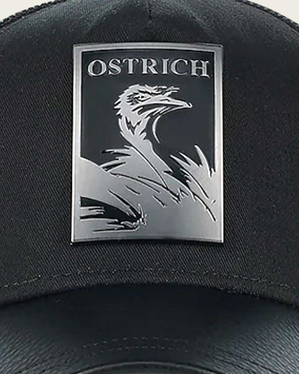 Black ostrich metal patch leather cap