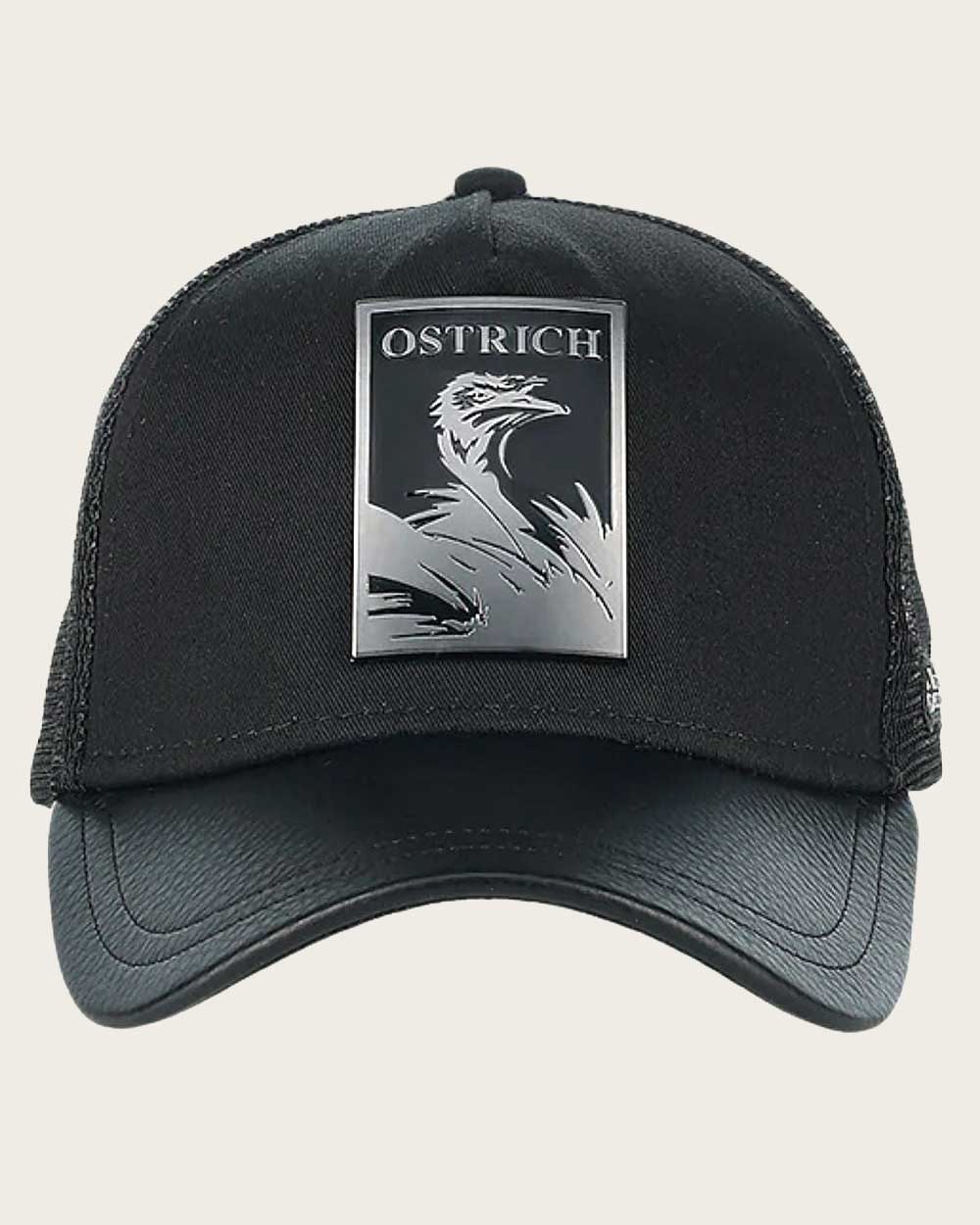 Black ostrich metal patch leather cap