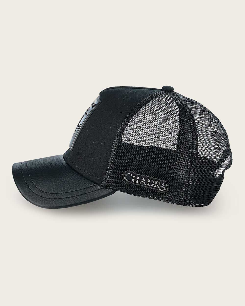 Black ostrich metal patch leather cap