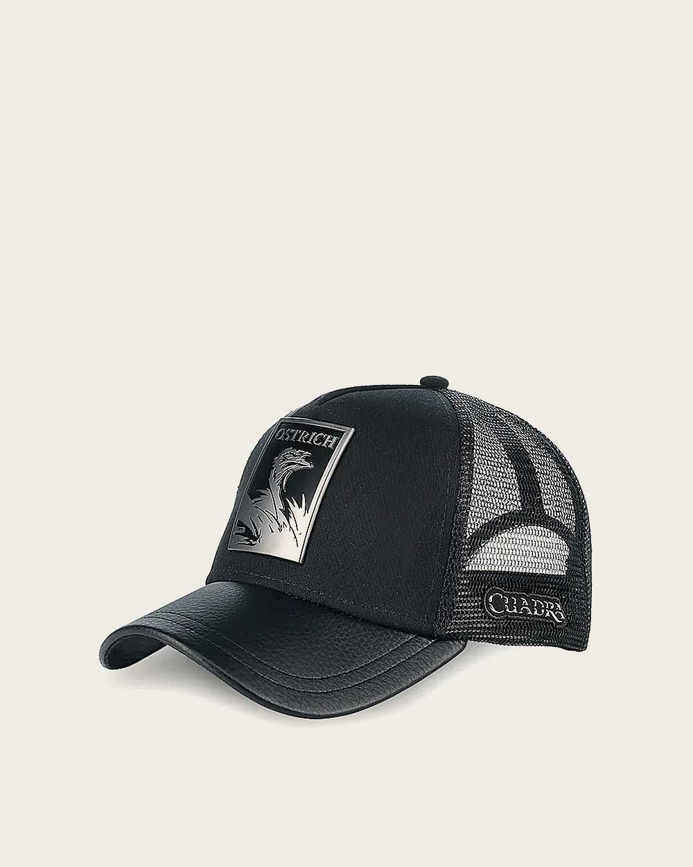 Black ostrich metal patch leather cap