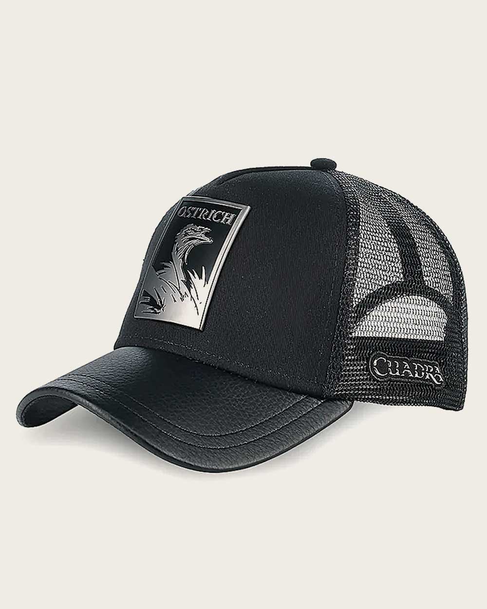 Black ostrich metal patch leather cap