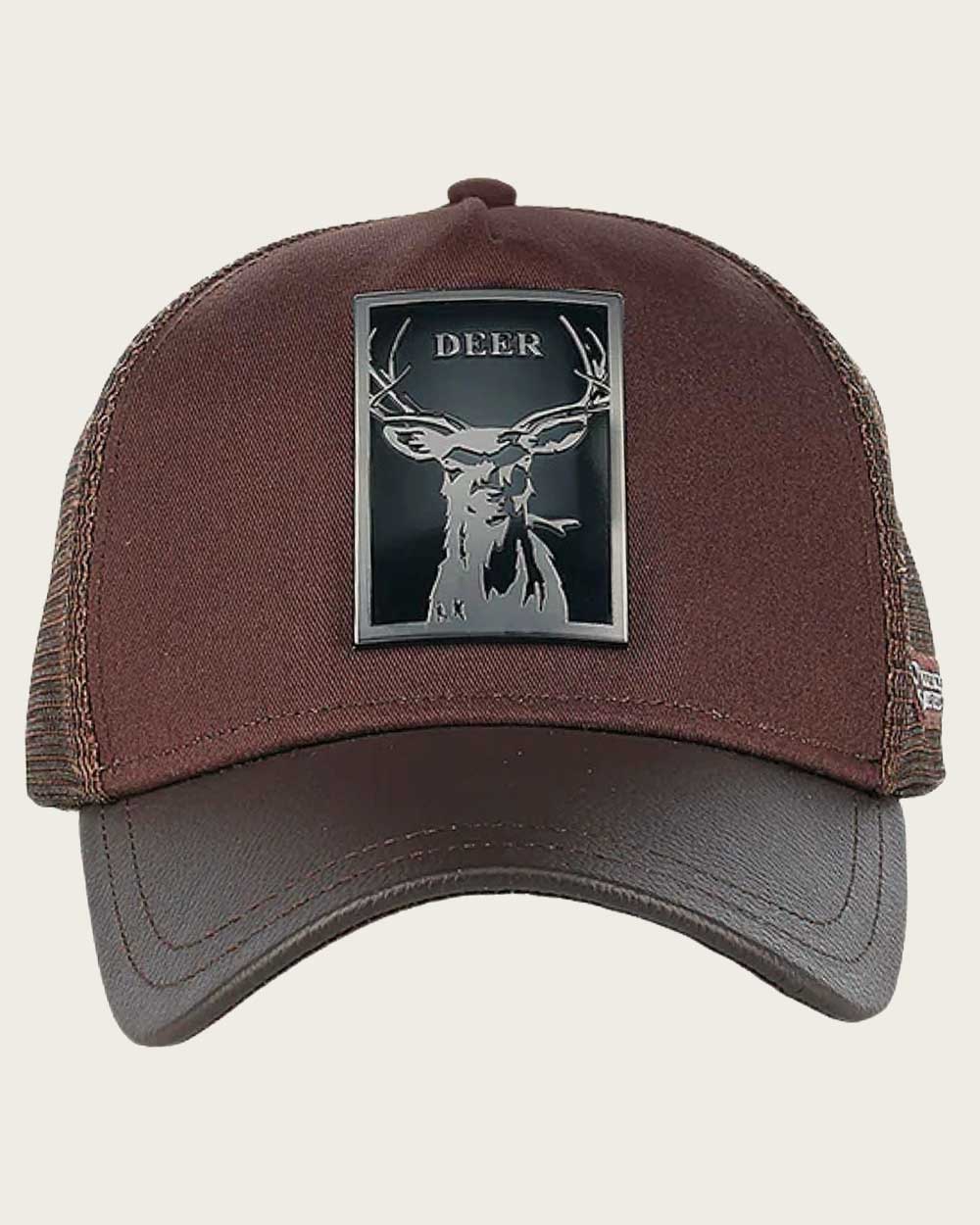 Dark brown deer metal patch leather cap
