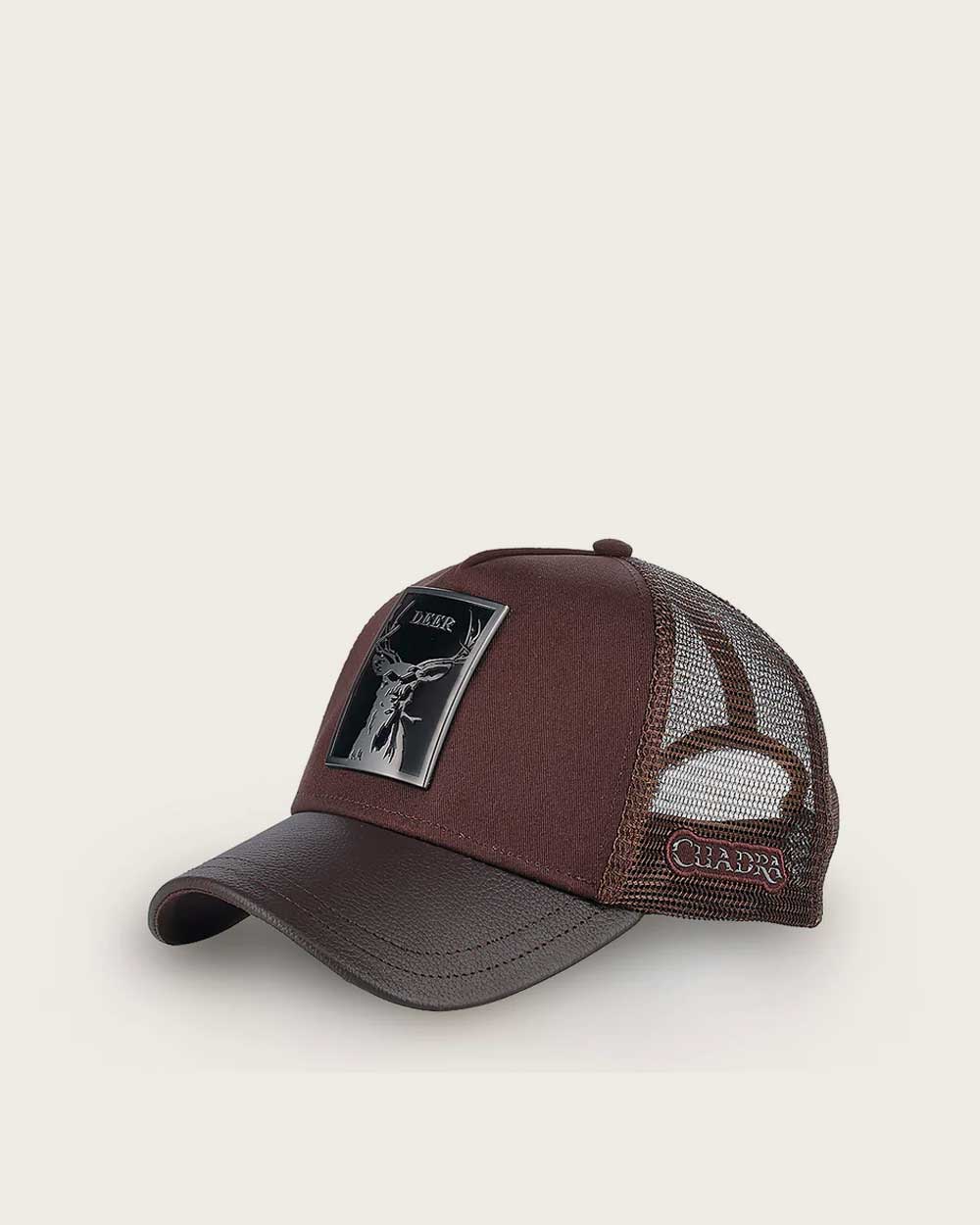 Dark brown deer metal patch leather cap