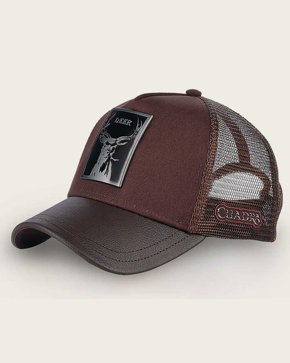 Dark brown deer metal patch leather cap
