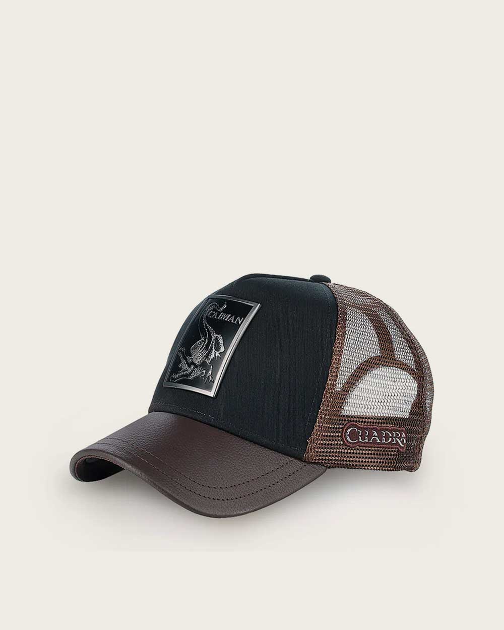 Dark brown alligator metal patch leather cap