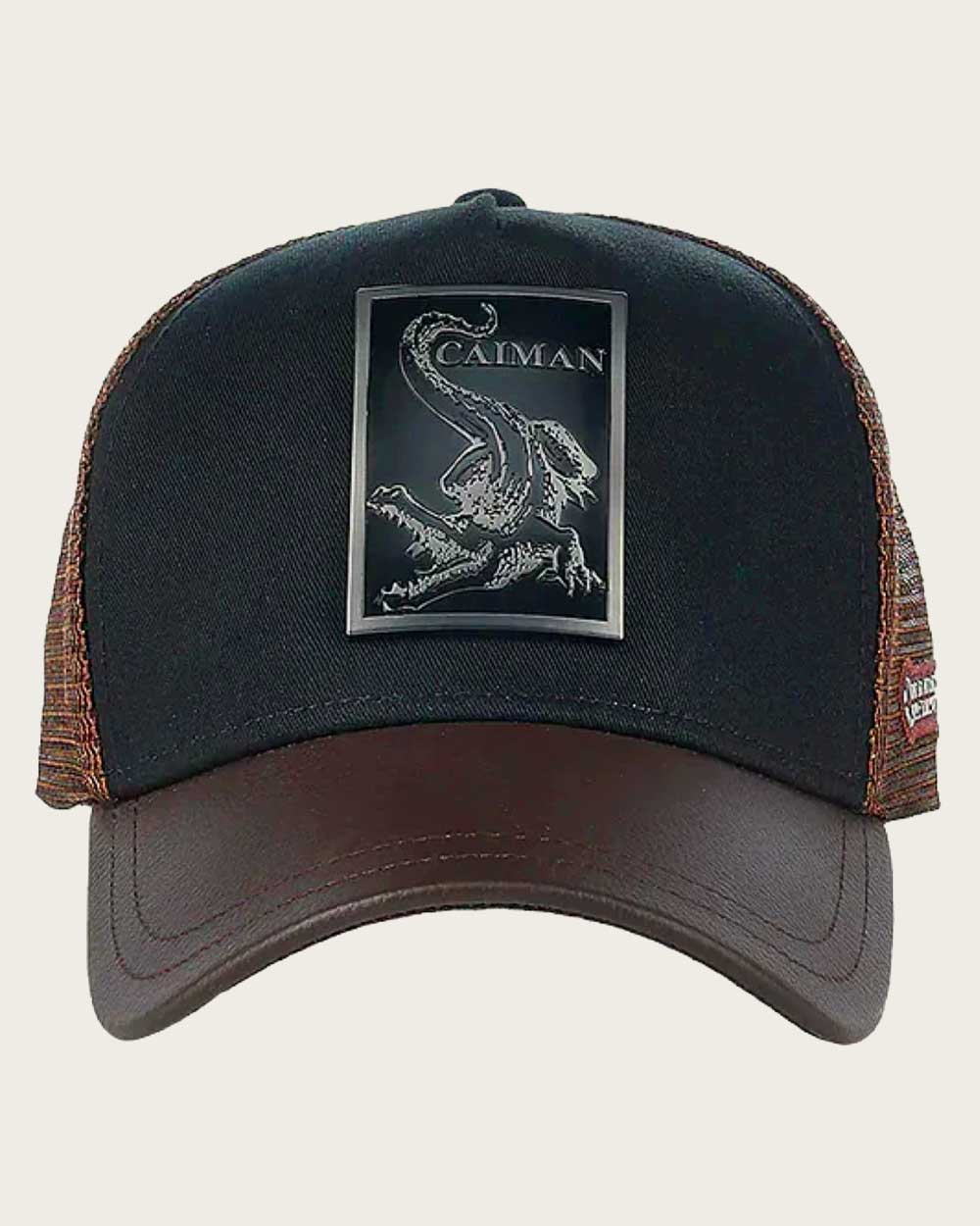 Dark brown alligator metal patch leather cap