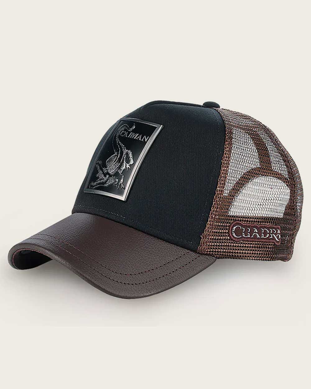 Dark brown alligator metal patch leather cap