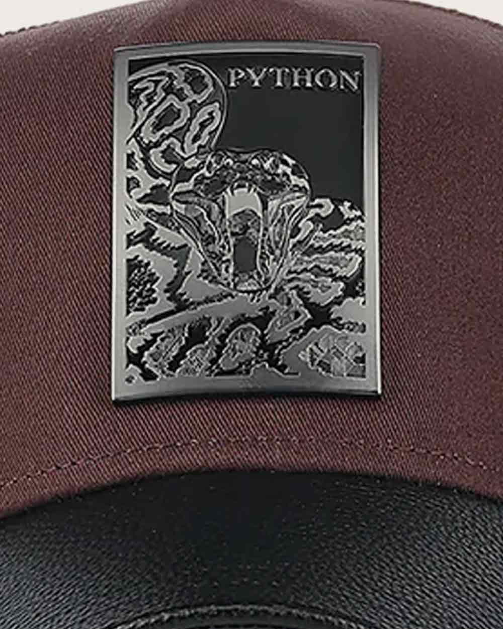 Dark brown python metal patch leather cap