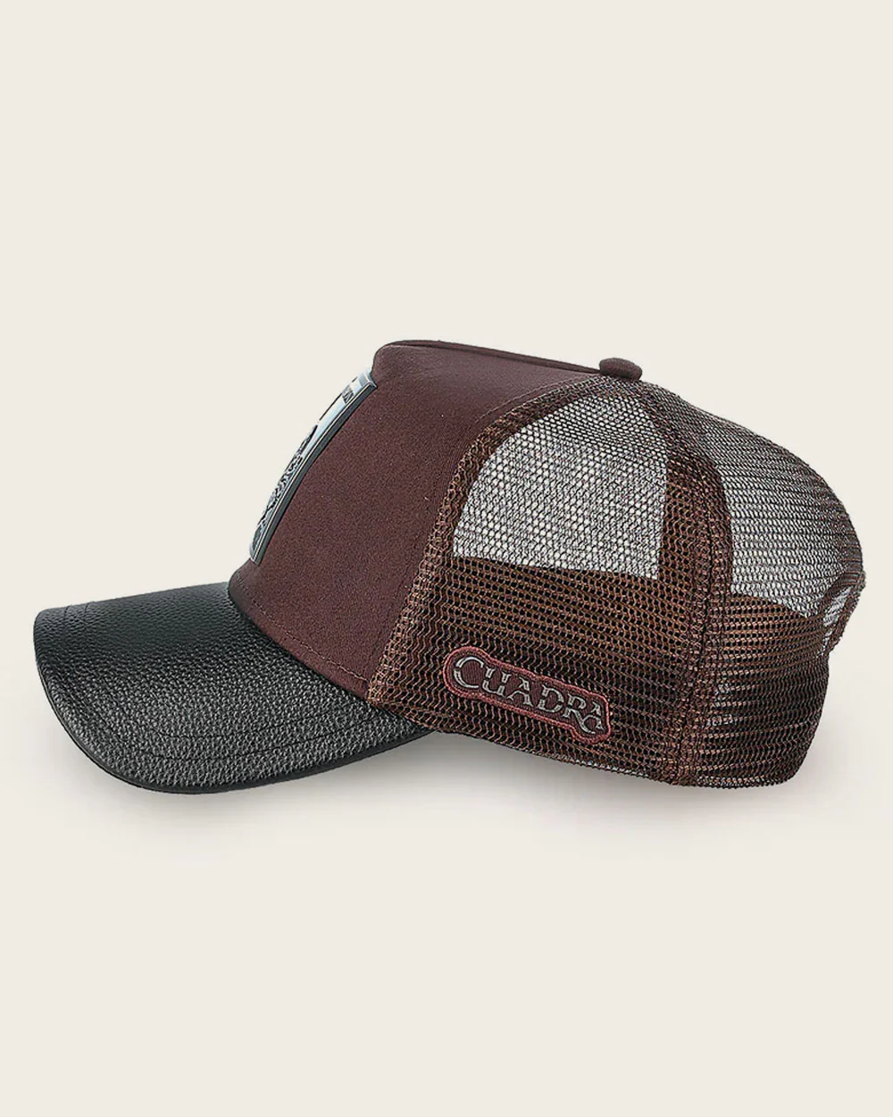 Dark brown python metal patch leather cap