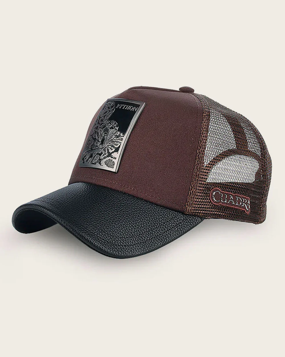 Dark brown python metal patch leather cap