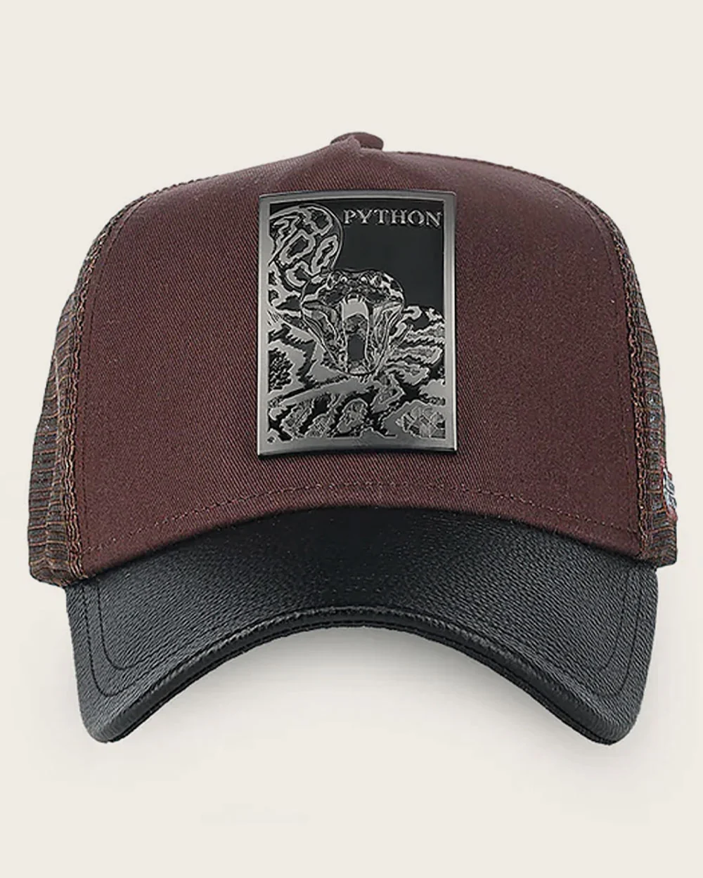 Dark brown python metal patch leather cap