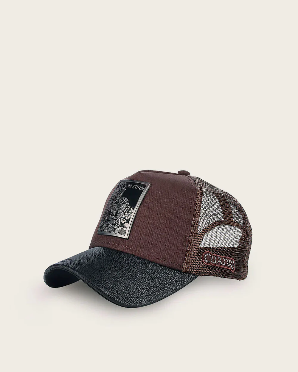 Dark brown python metal patch leather cap