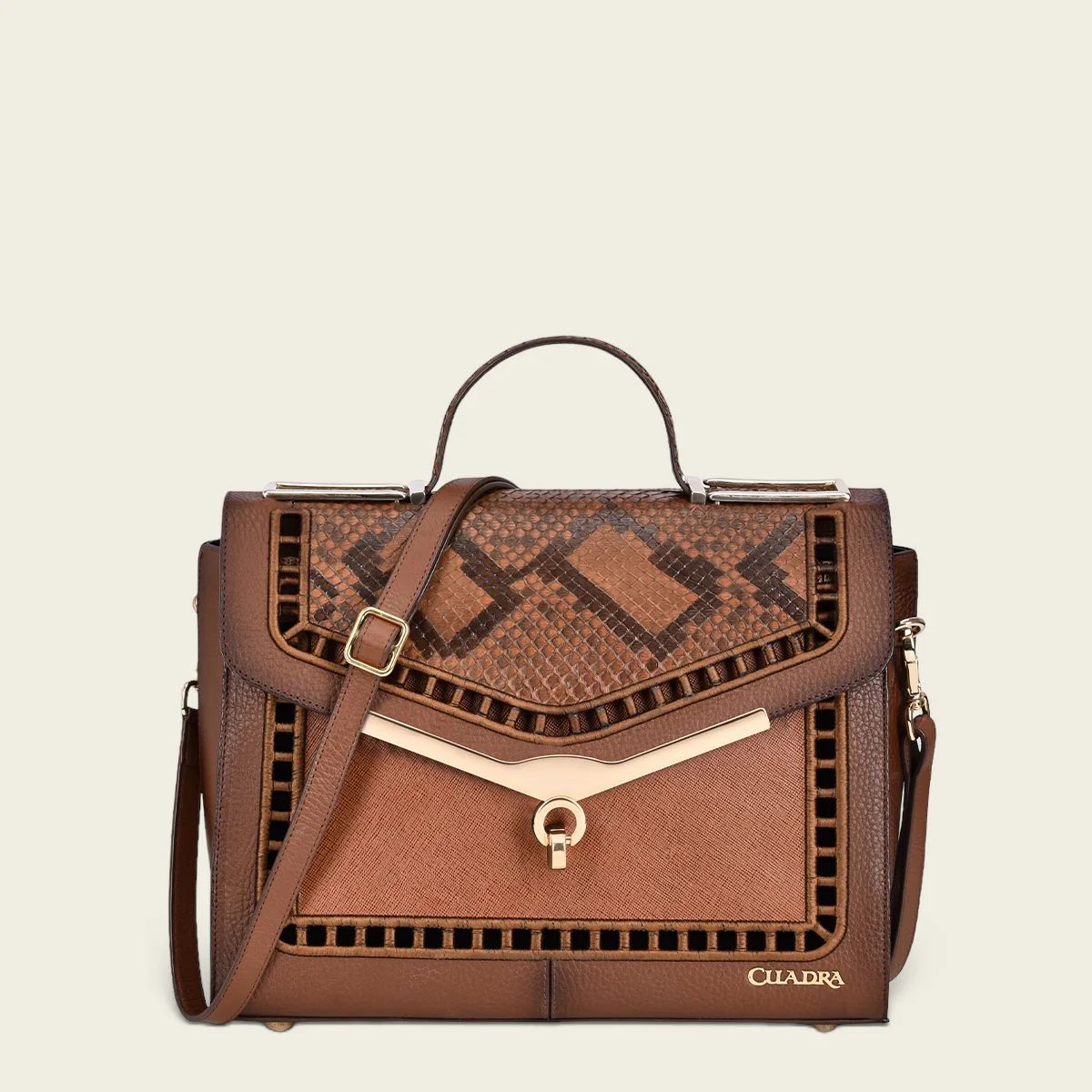 Light brown python top handle handbag