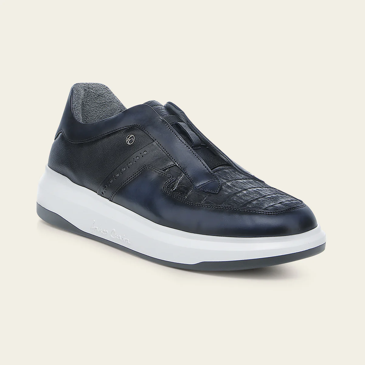 Laceless Blue Sneaker for Men in Genuine Cayman Leather