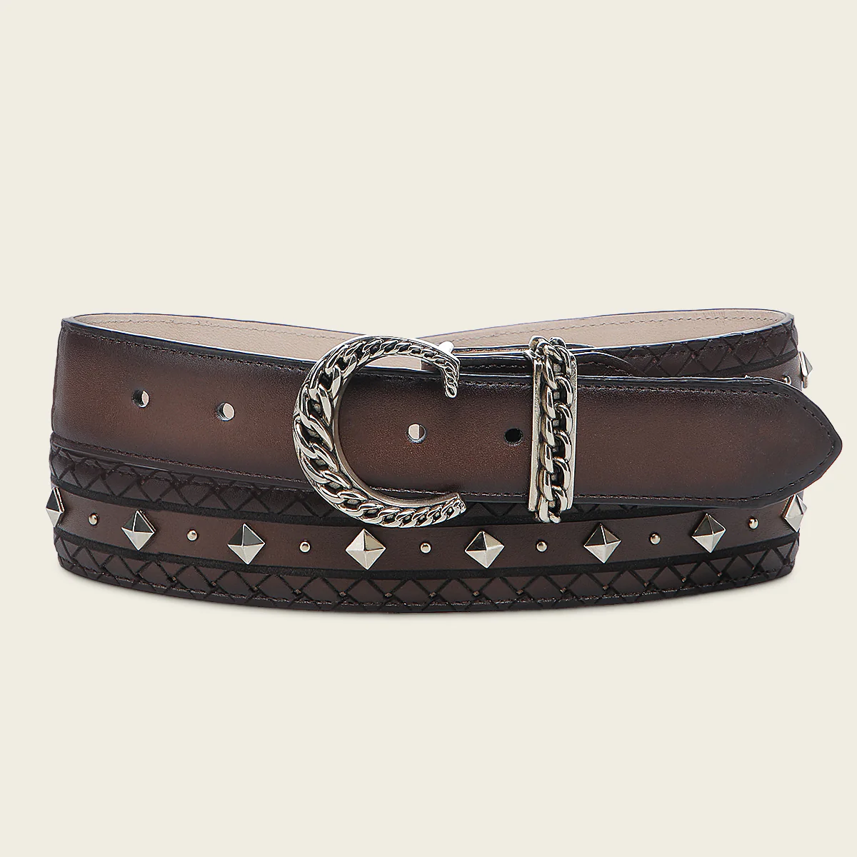 Honey engreaved bovine belt with studs