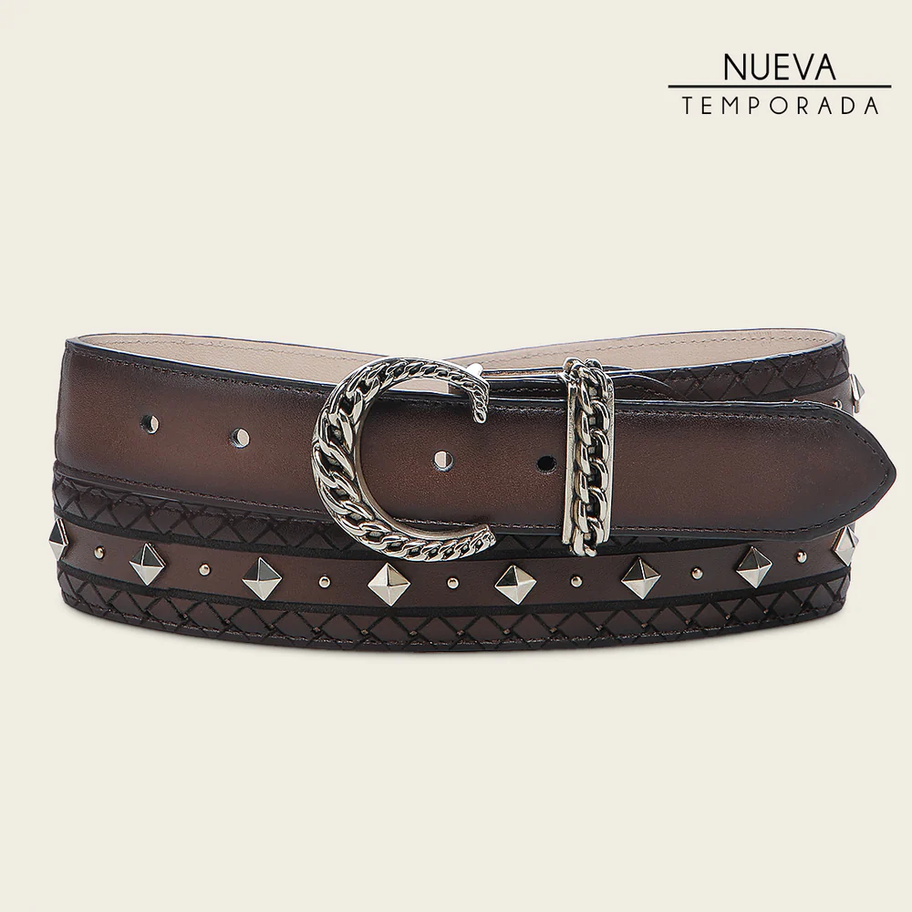 Honey engreaved bovine belt with studs
