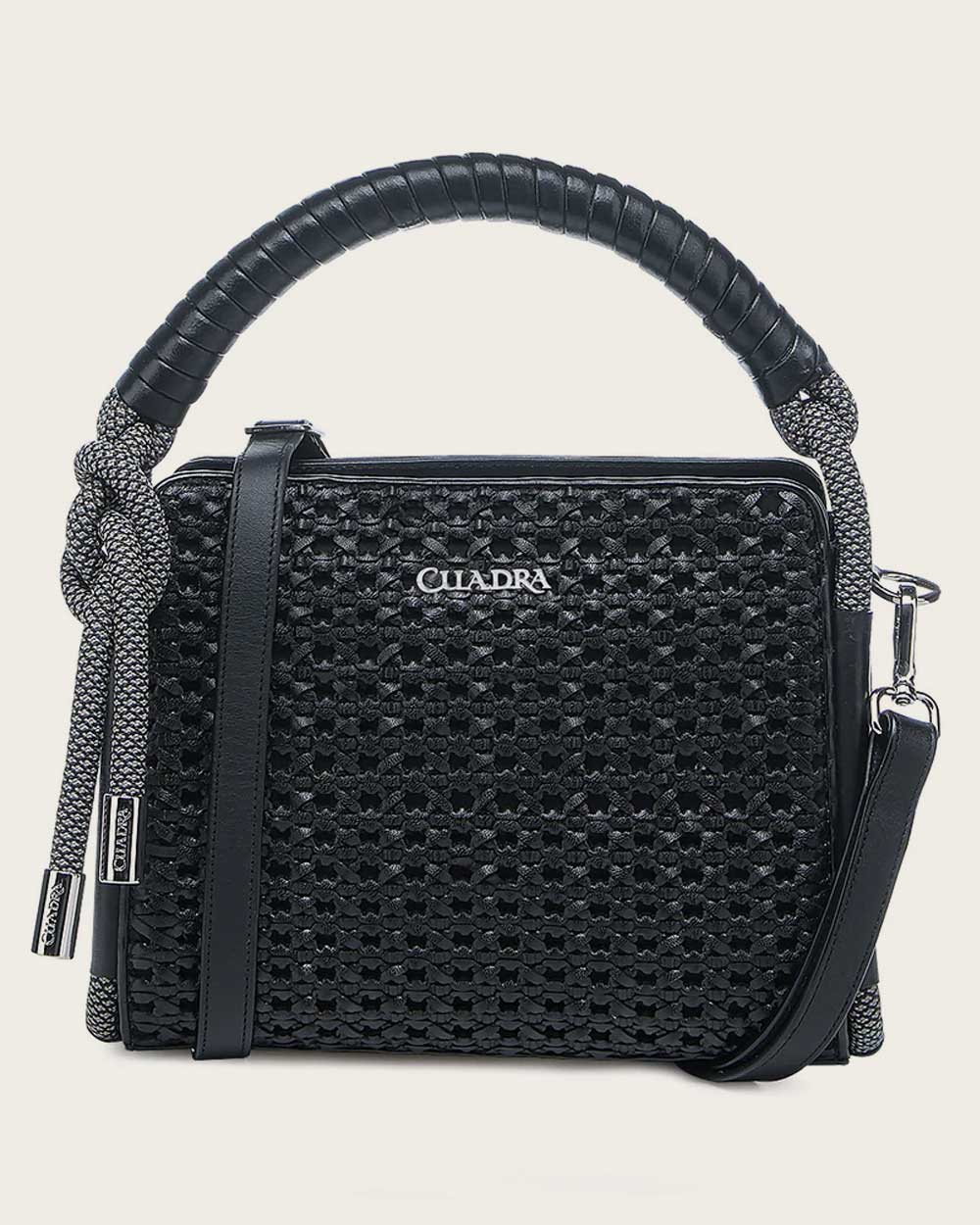 Black braided decorated top handle handbag