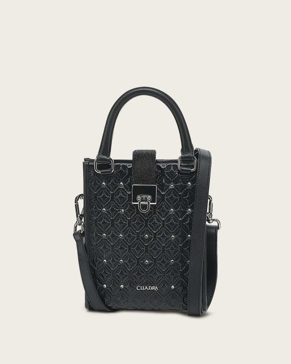 Black stingray geometric top handle handbag