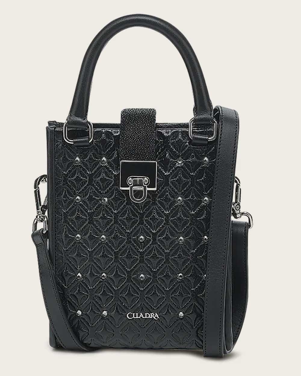 Black stingray geometric top handle handbag