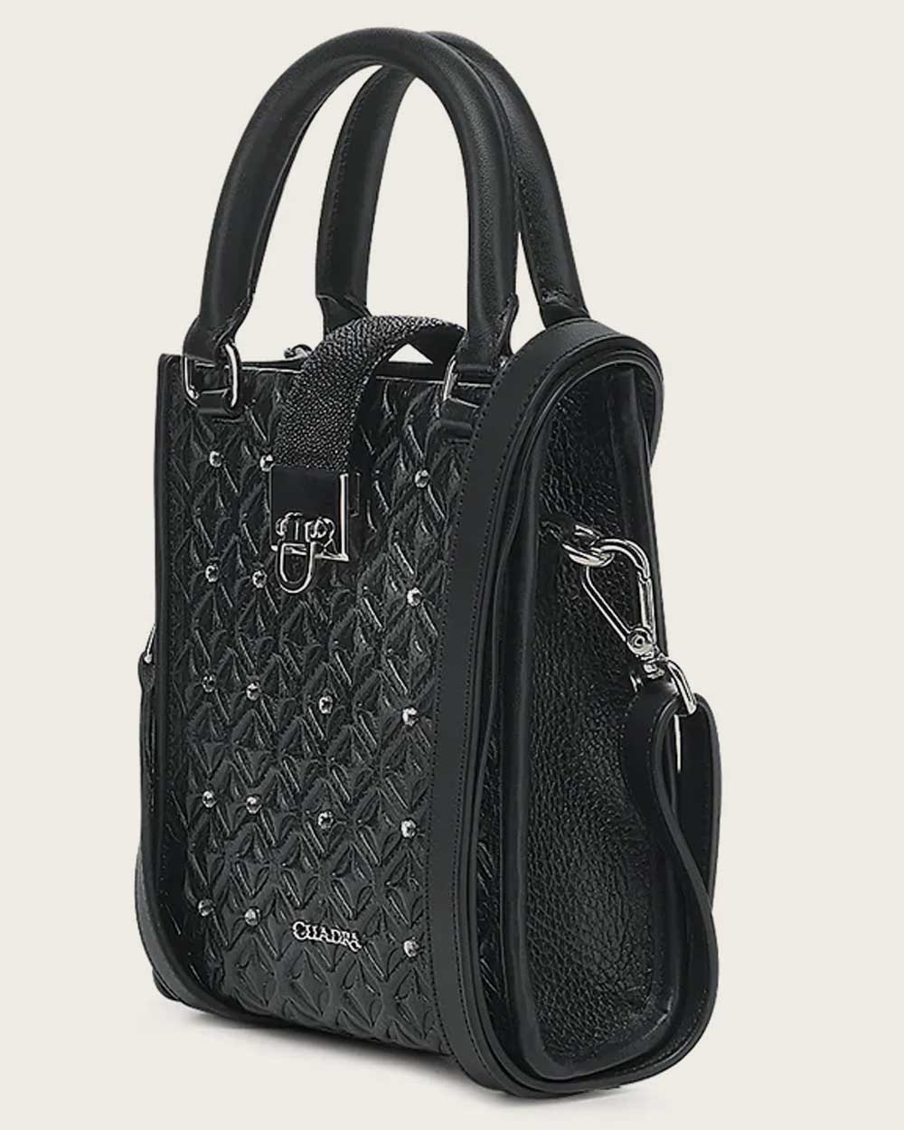 Black stingray geometric top handle handbag