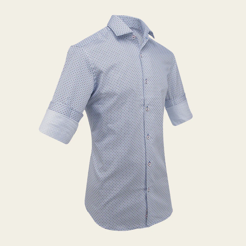 Cuadra Men’s White Blue Geometric Textured Cotton Shirt – Premium Classic Casual Style