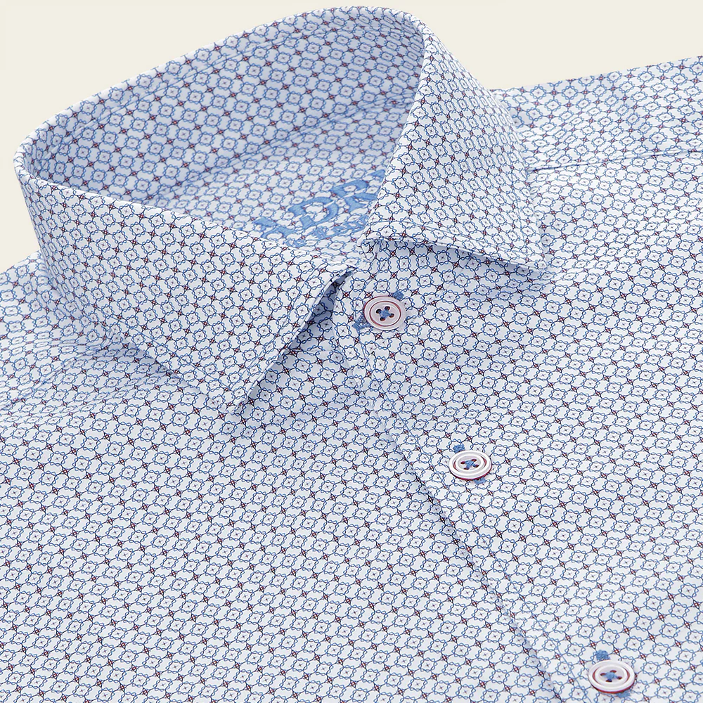Cuadra Men’s White Blue Geometric Textured Cotton Shirt – Premium Classic Casual Style