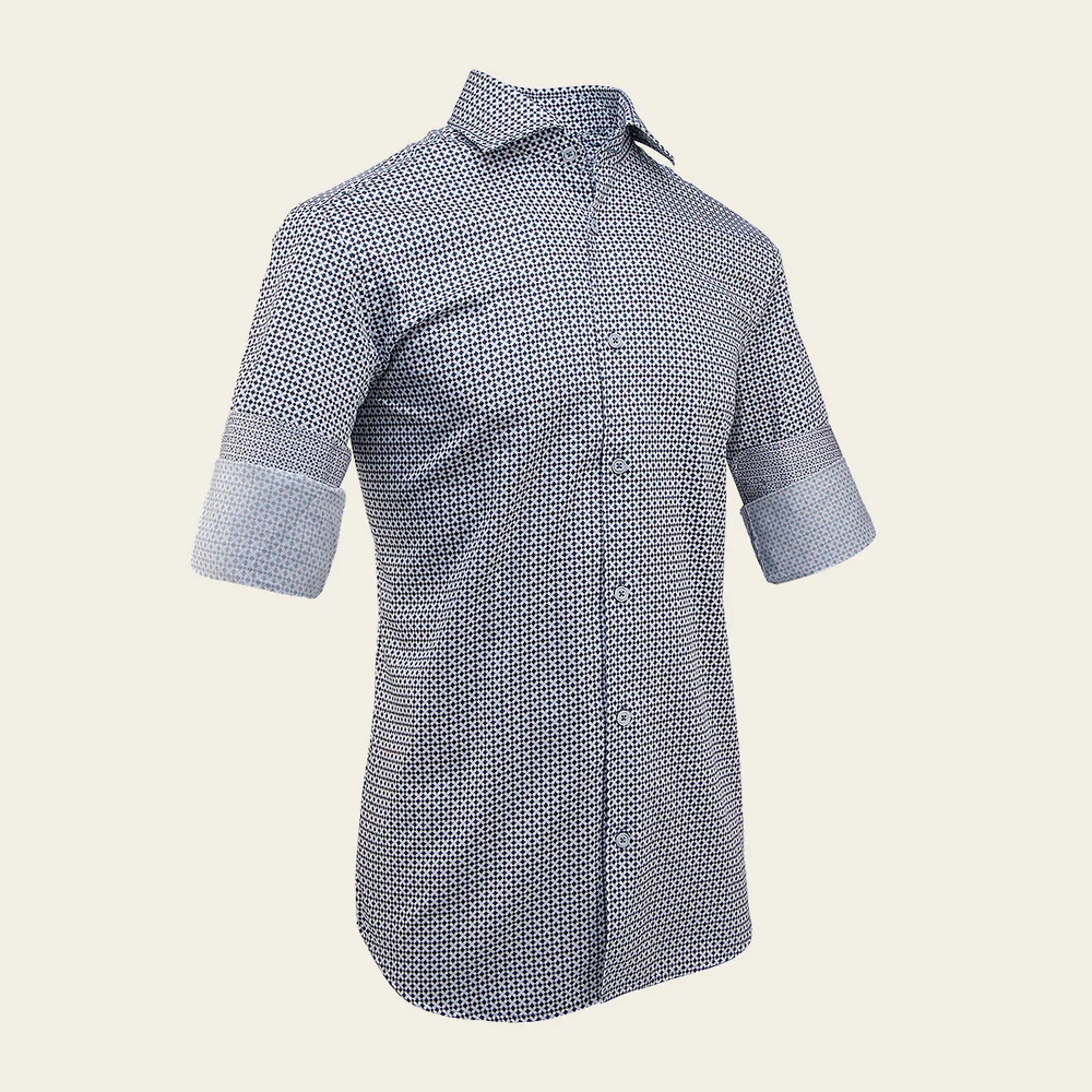 Cuadra Men’s White Geometric Cotton Shirt with Blue Pattern