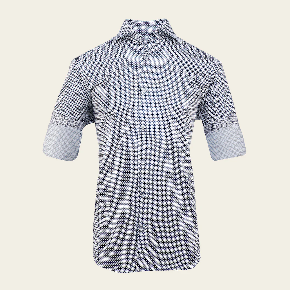 Cuadra Men’s White Geometric Cotton Shirt with Blue Pattern